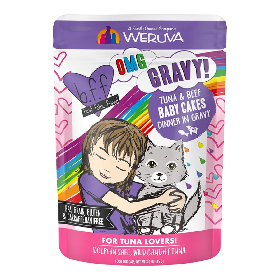 Weruva B.F.F. OMG Tuna & Beef Baby Cakes Dinner in Gravy Wet Cat Food Pouches 3-oz, Kwik Pets