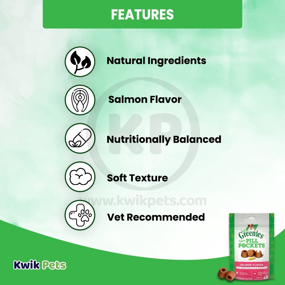 Features - Greenies Feline Pill Pockets Cat Treats Salmon 1.6-oz 45 Count