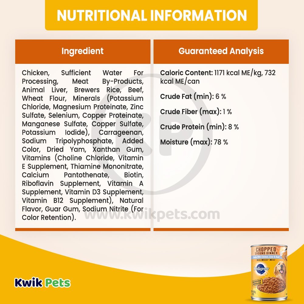 Nutritional Information of Pedigree Chopped Ground Dinner Adult Wet Dog Food Chicken Beef & Liver 13.2-oz 6 Pack