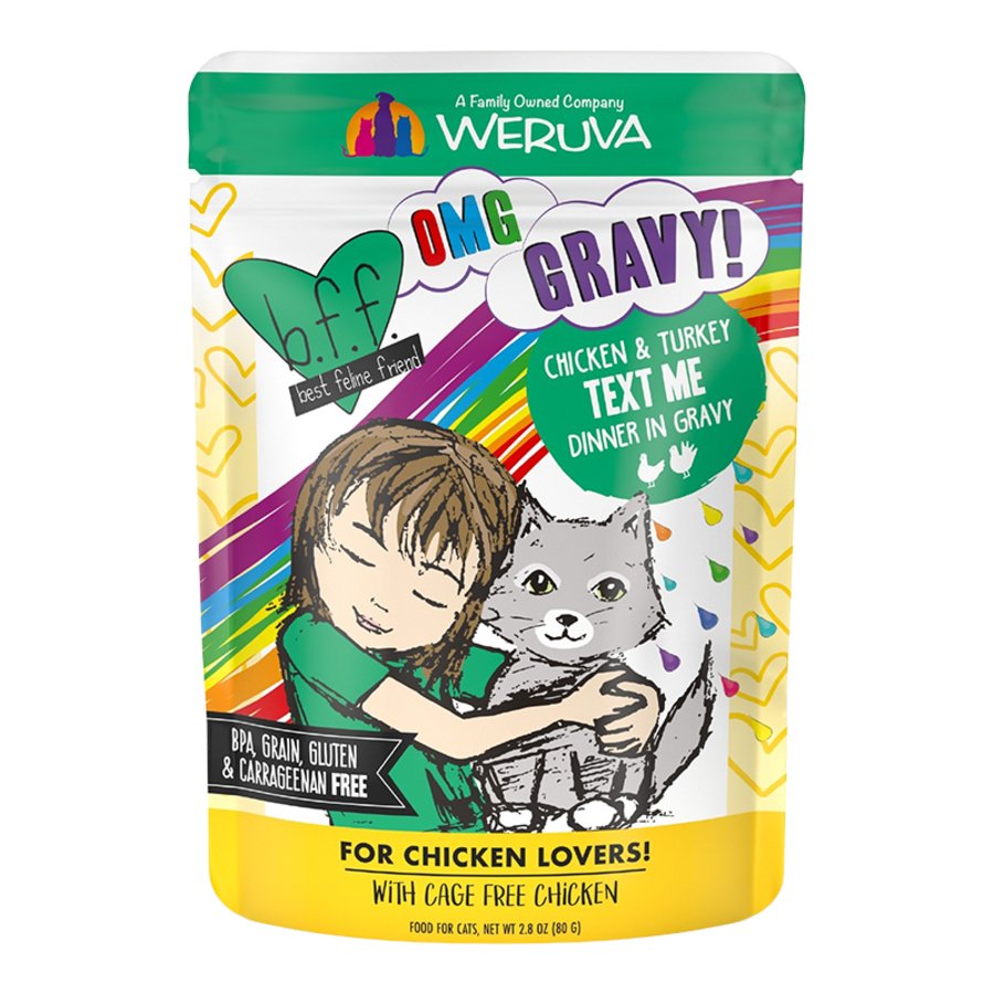 Weruva B.F.F. OMG Chicken & Turkey Text Me Dinner in Gravy Wet Cat Food Pouches 2.8-oz, Kwik Pets