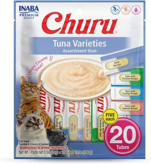 Inaba Churu Creamy Purée Tuna Variety Pack Lickable Cat Treats 0.5-oz Tubes 20 Count, Kwik Pets
