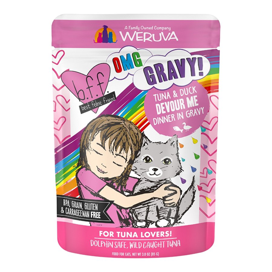 Weruva B.F.F. OMG Tuna & Duck Devour Me Dinner in Gravy Wet Cat Food Pouches 3-oz, Kwik Pets