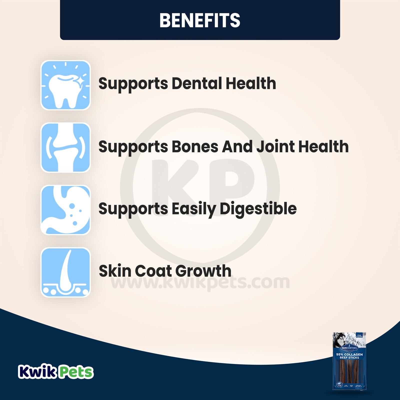 Benefits of Barkworthies 6" Beef Collagen Daily Health Boost Dog Sticks 3 Count 2-oz