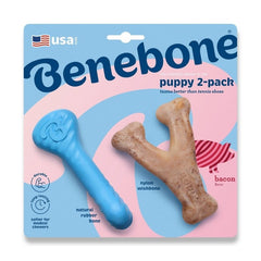 Benebone Wishbone & Rubber Puppy Dog Dental Chew Toy Bacon 2 Count
