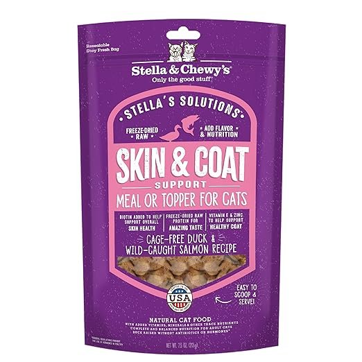 Stella & Chewy's Stella's Solutions Freeze-Dried Raw Skin & Coat Support Cat Food Cage-Free Duck & Wild-Caught Salmon Recipe 7.5-oz, Kwik Pets