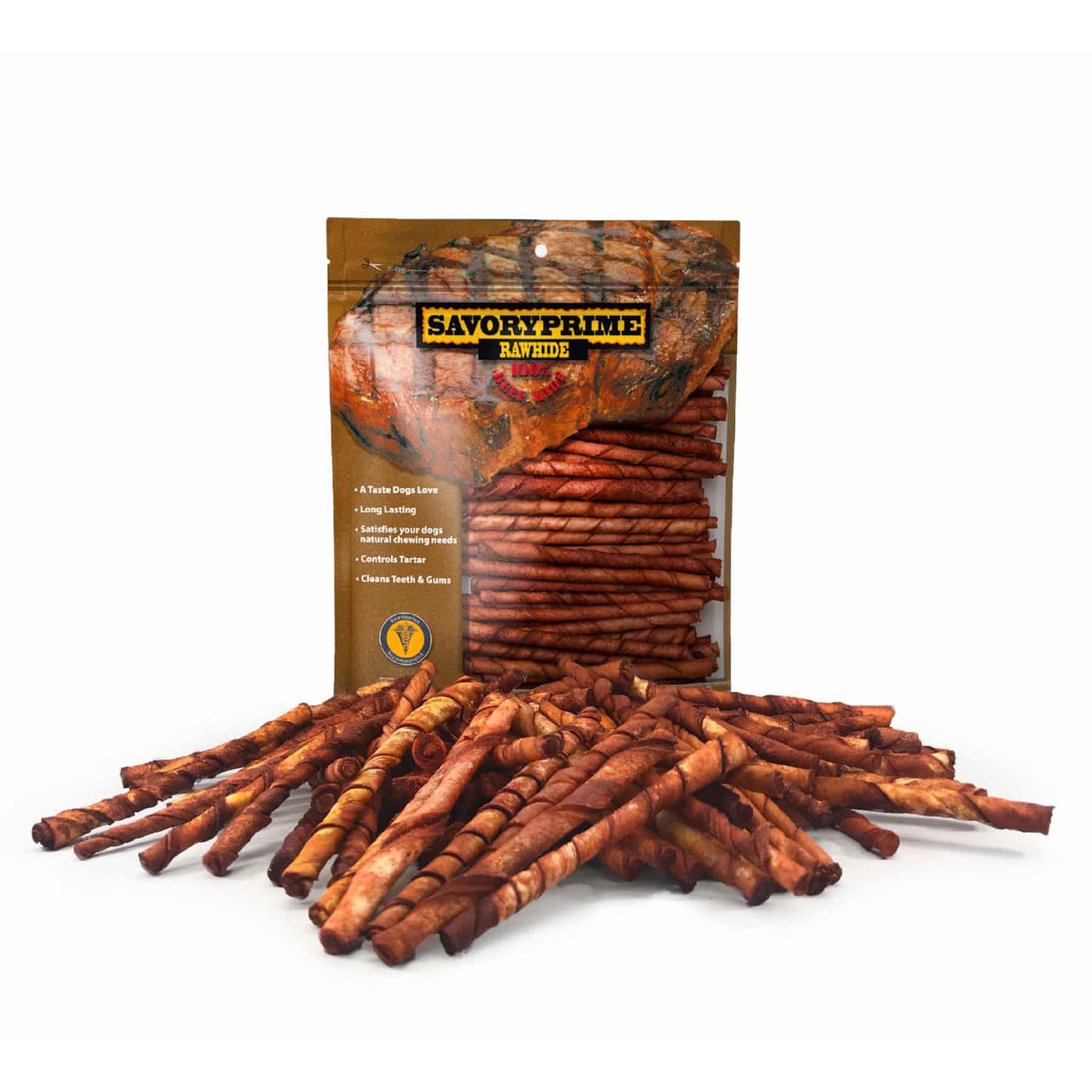 Savory Prime Pressed Rawhide Twist Sticks Beef 5-in 100 Count, Kwik Pets