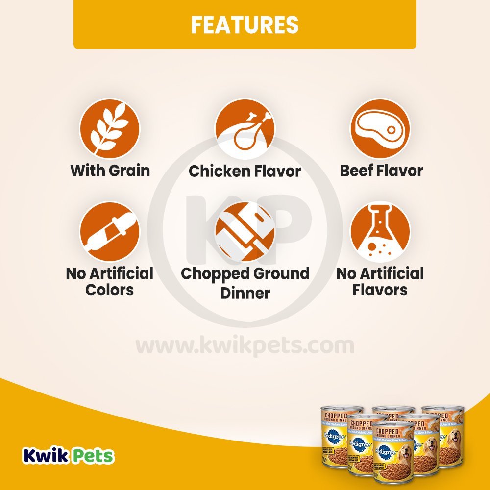 Features of Pedigree Chopped Ground Dinner Adult Wet Dog Food Chicken Beef & Liver 13.2-oz 6 Pack
