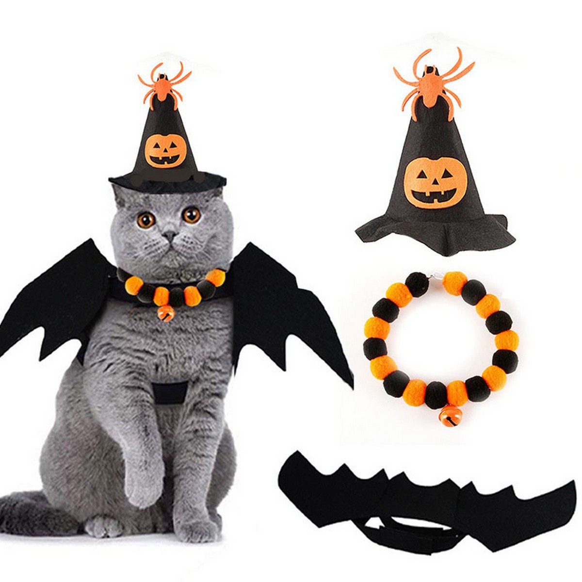 PAWPAWwholesale Halloween Witch Hat & Pumpkin Collar Dog & Cat Costume Black Medium