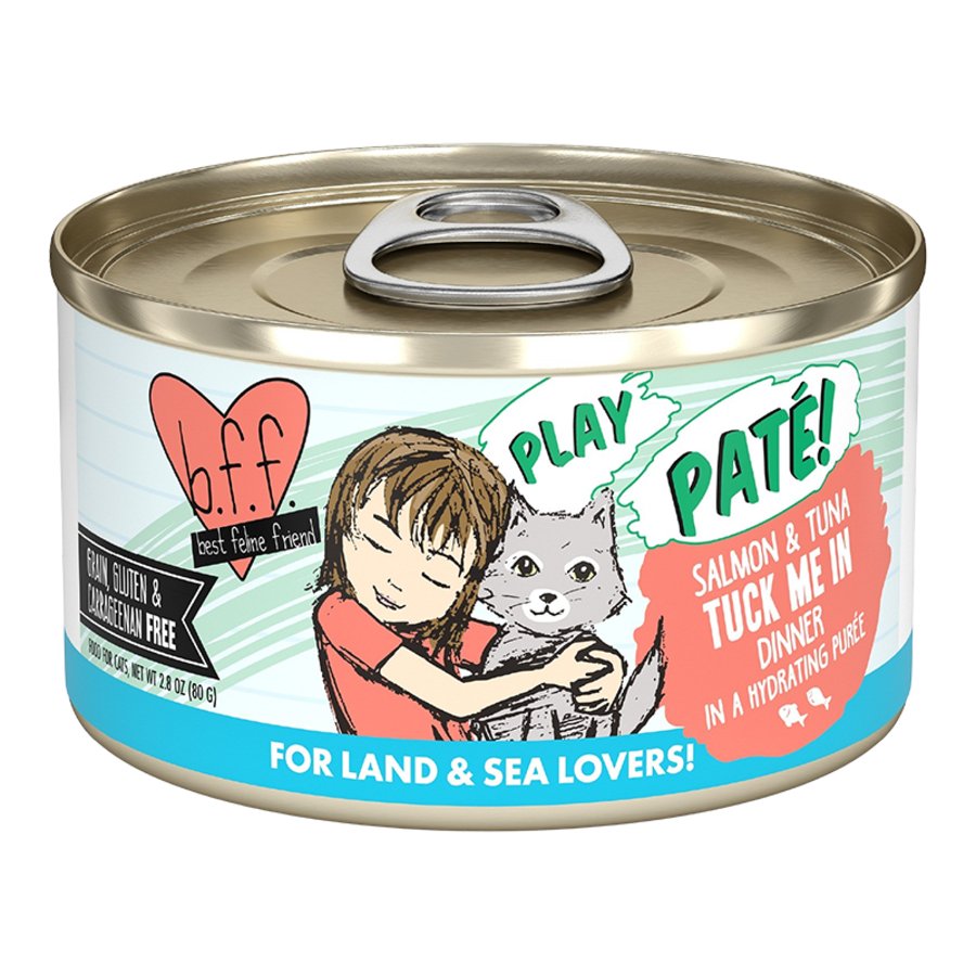 Weruva B.F.F. PLAY Paté Salmon & Tuna Tuck Me In Dinner in a Hydrating Purée Wet Cat Food 2.8-oz, Kwik Pets