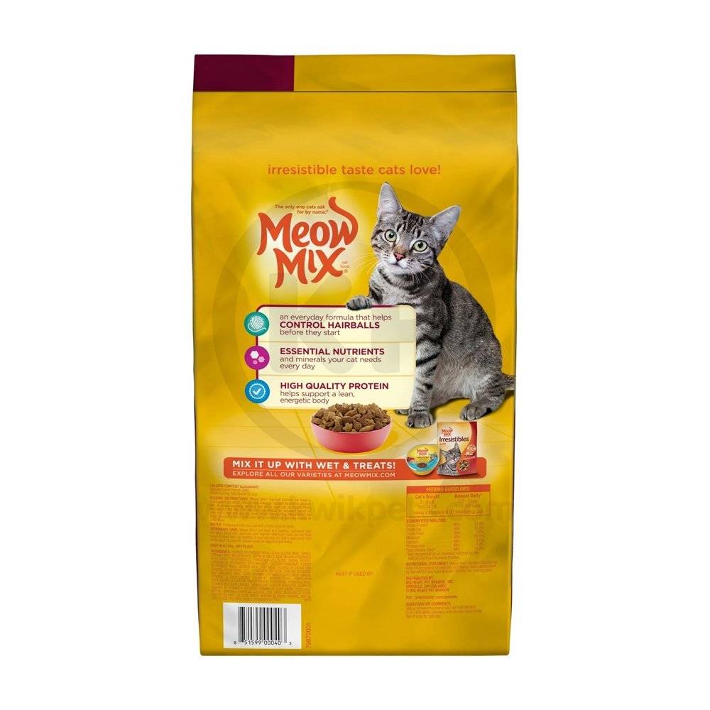 Back of Meow-Mix Hairball Control Dry Cat Food Chicken, Turkey, Salmon & Ocean Fish 6.3-lb