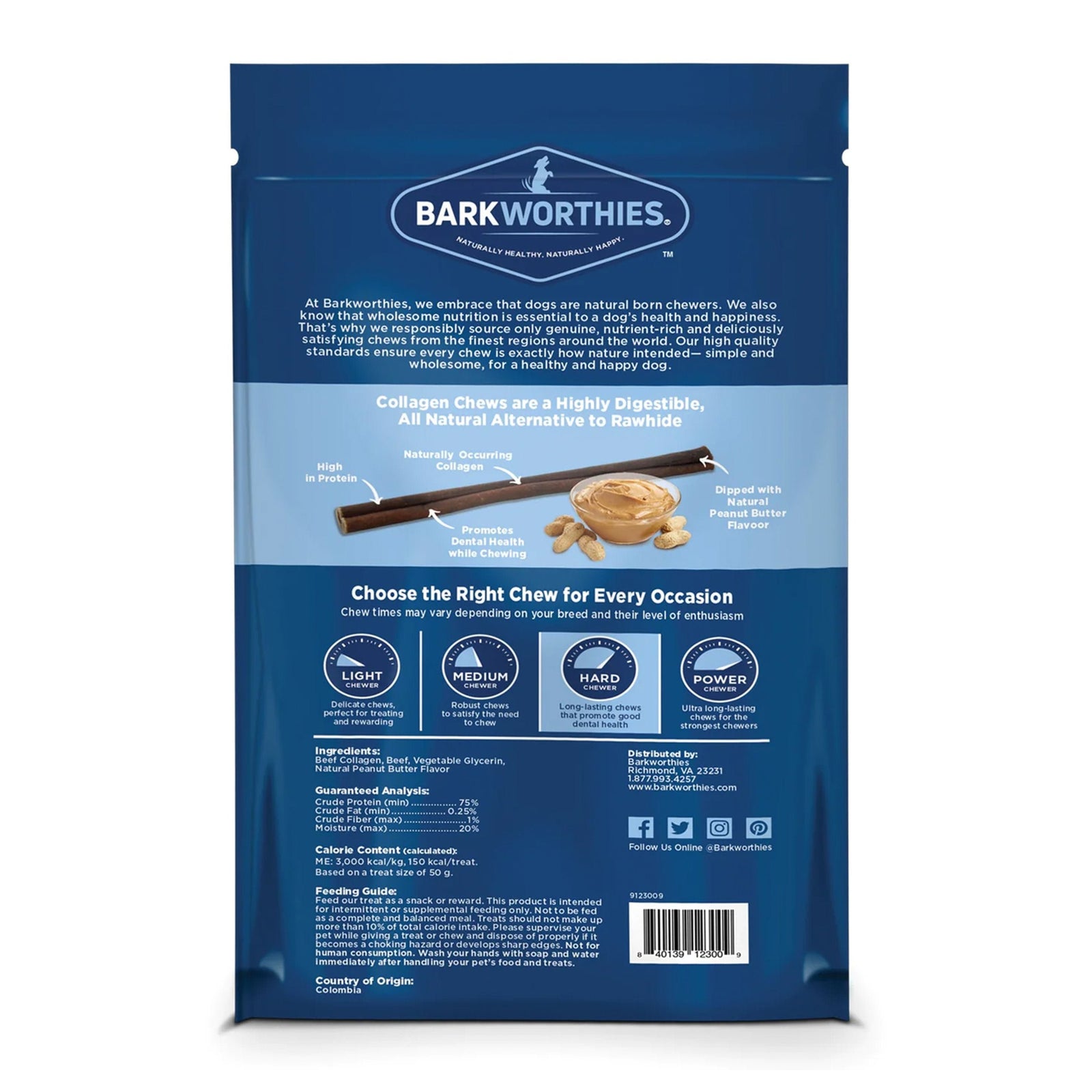 Back of Barkworthies Daily Health Boost Collagen Beef Sticks PB Flavor 6" 3 Pack