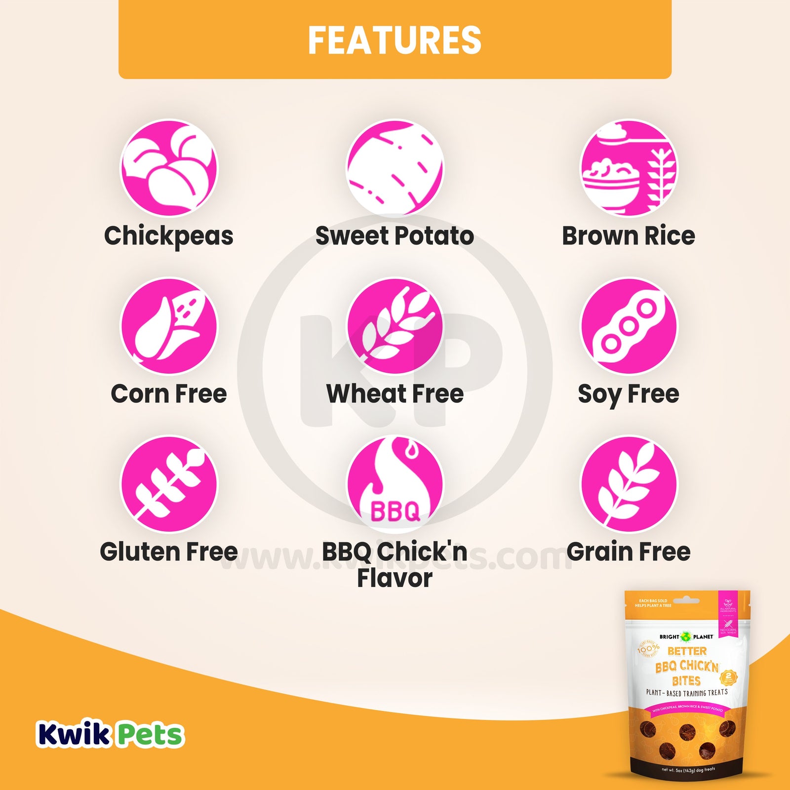 Features of Bright Planet Better BBQ Chick'n Bites Plant-Based Training Dog Treats 5-oz