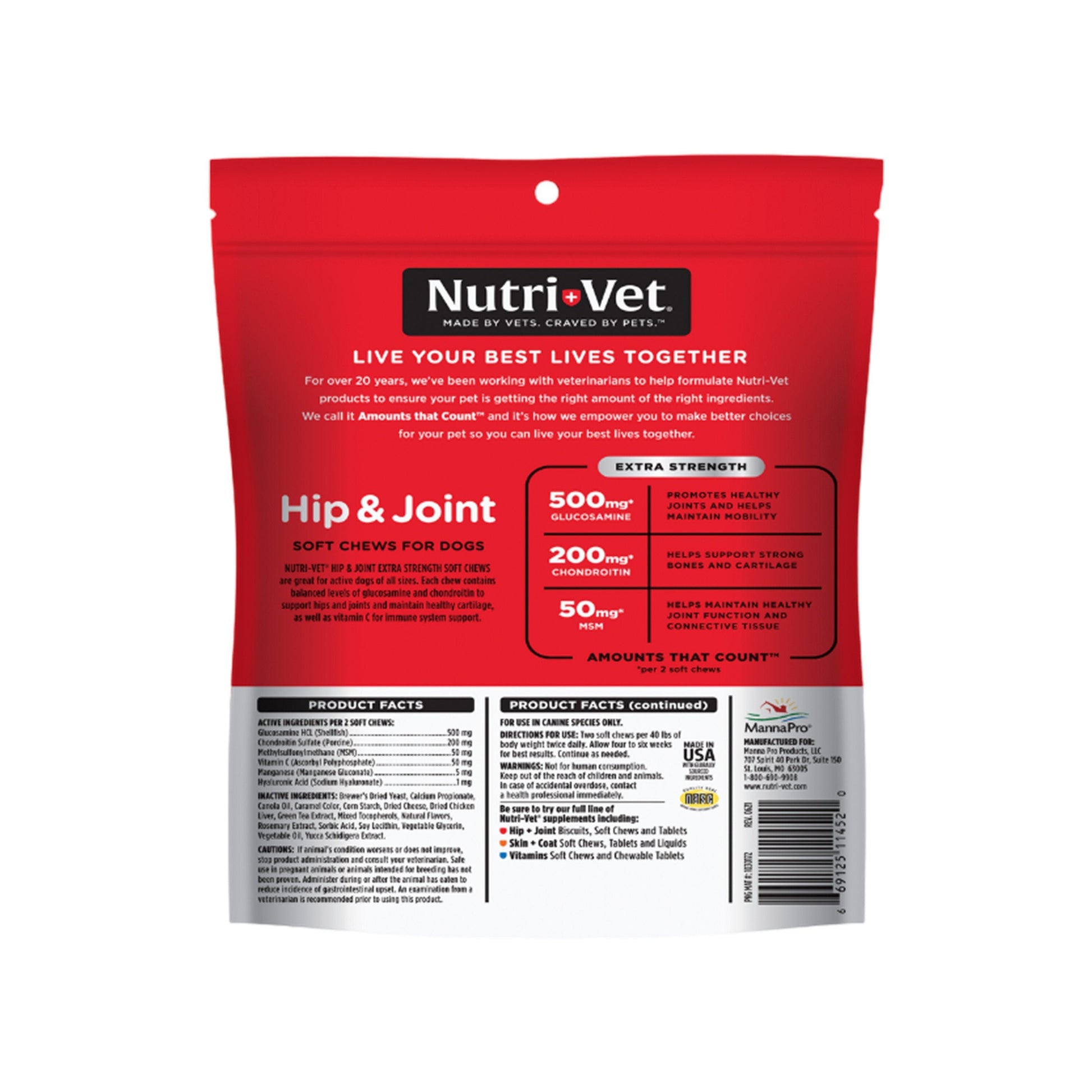 Back of Nutri-Vet Hip & Joint Extra Strength Chicken & Cheese Soft Chews For Dogs 60 Count 4.2-oz