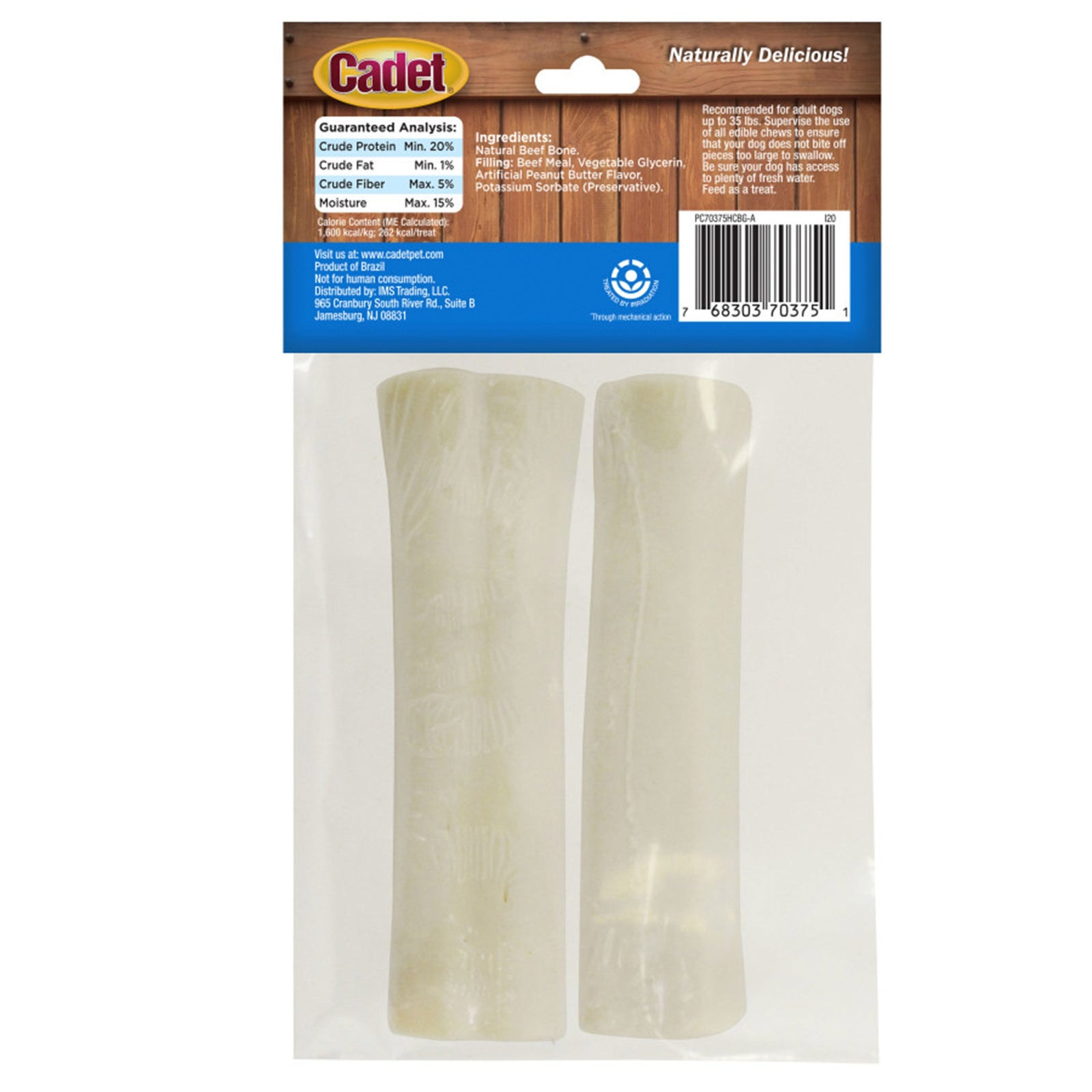 Back of Cadet Junior Stuffed Shin Bones Dog Chews Made with Peanut Butter Petite 2-ct 11.6-oz