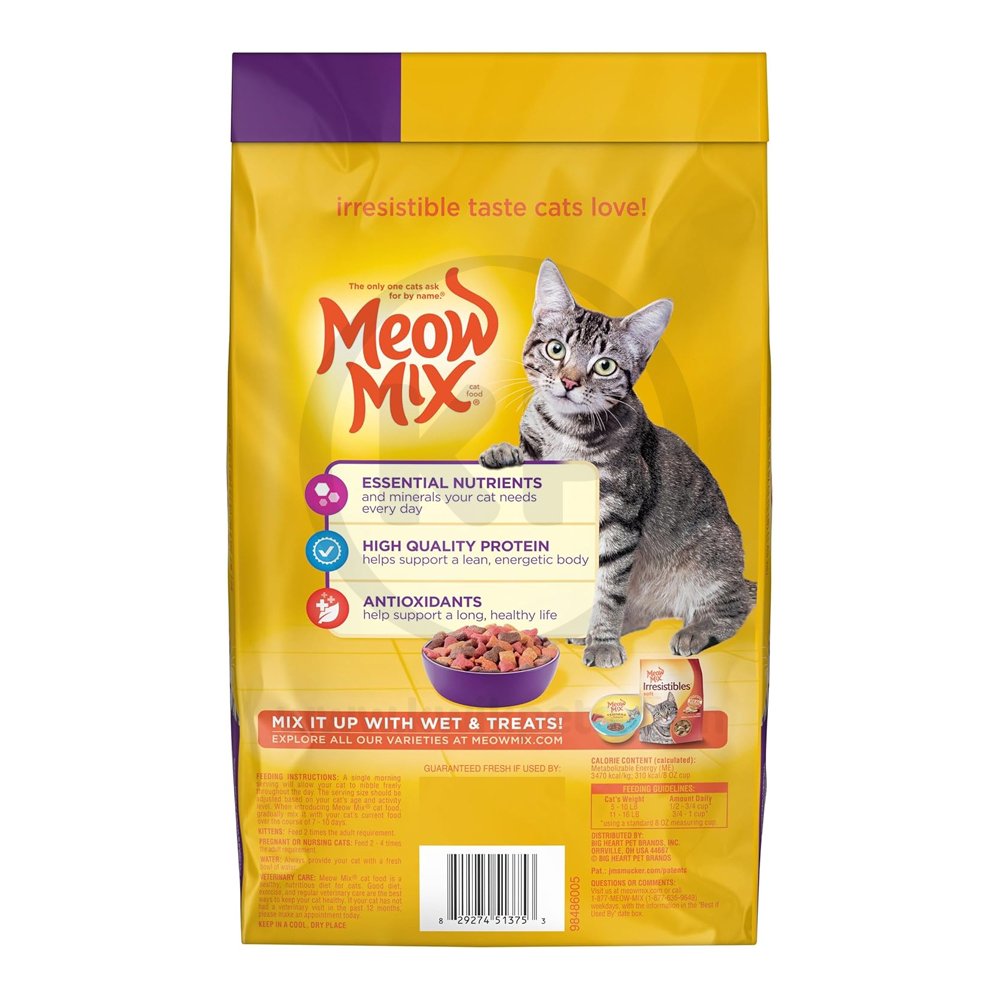 Back of Meow-Mix Original Choice Dry Cat Food Chicken, Turkey, Salmon & Ocean Fish 3.15-lb