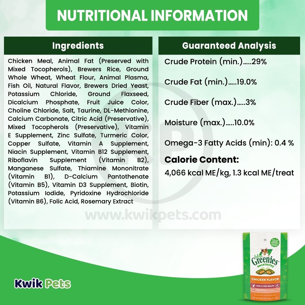 Nutritional Information - Greenies Feline Smartbites Healthy Skin & Fur Health Cat Treats Chicken 2.1-oz