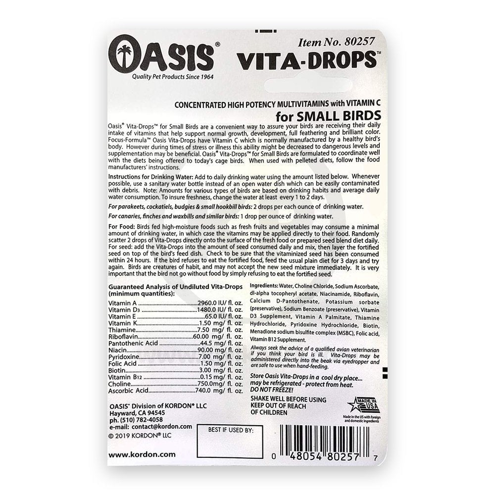 Back of Oasis Vita Drops Multivitamin Supplement for Small Birds 2-oz