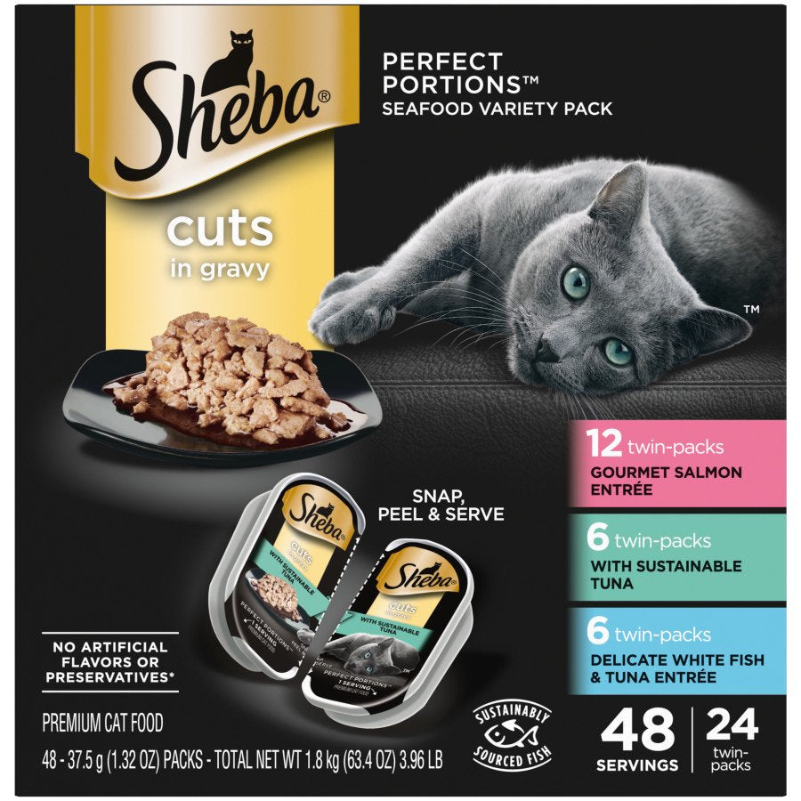 Sheba Perfect Portions Cuts in Gravy Wet Cat Food Salmon, Tuna, Whitefish & Tuna Entrée 24 Twin Variety Pack 48 Count 3.96-lb, Kwik Pets