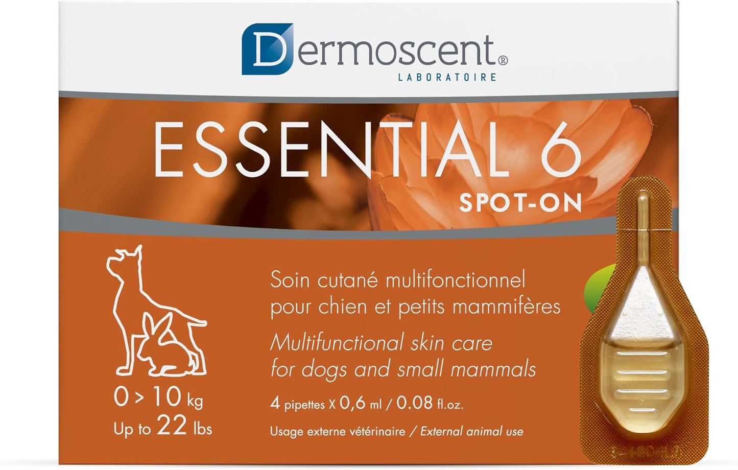 Dermoscent Essential 6 Spot-on Dog Skin Care for Dandruff & Allergy Relief Dogs & Small Mammals Up to 22-lb 4 Pipettes