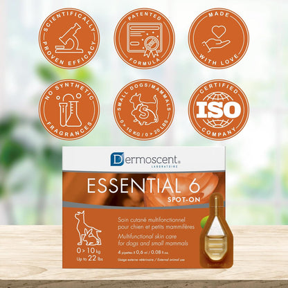 Dermoscent Essential 6 Spot-on Dog Skin Care for Dandruff & Allergy Relief Dogs & Small Mammals Up to 22-lb 4 Pipettes