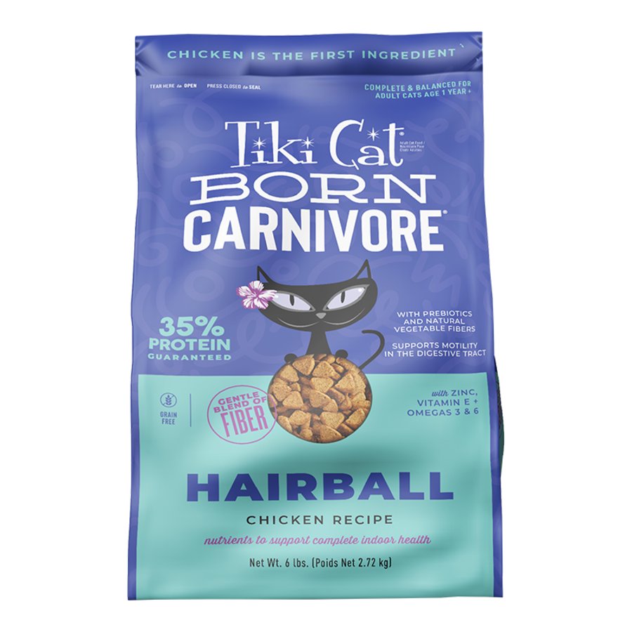 Tiki Pets Cat Born Carnivore Hairball Control Grain-Free Adult Dry Cat Food Chicken 6-lb, Kwik Pets