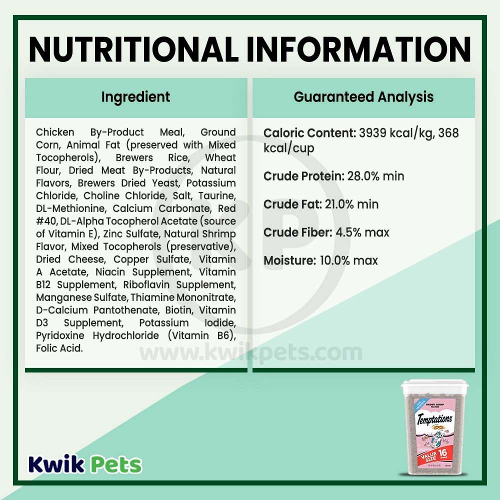 Nutritional Information - Temptations Classics Crunchy & Soft Adult Cat Treats Shrimpy Shrimp, 16-oz