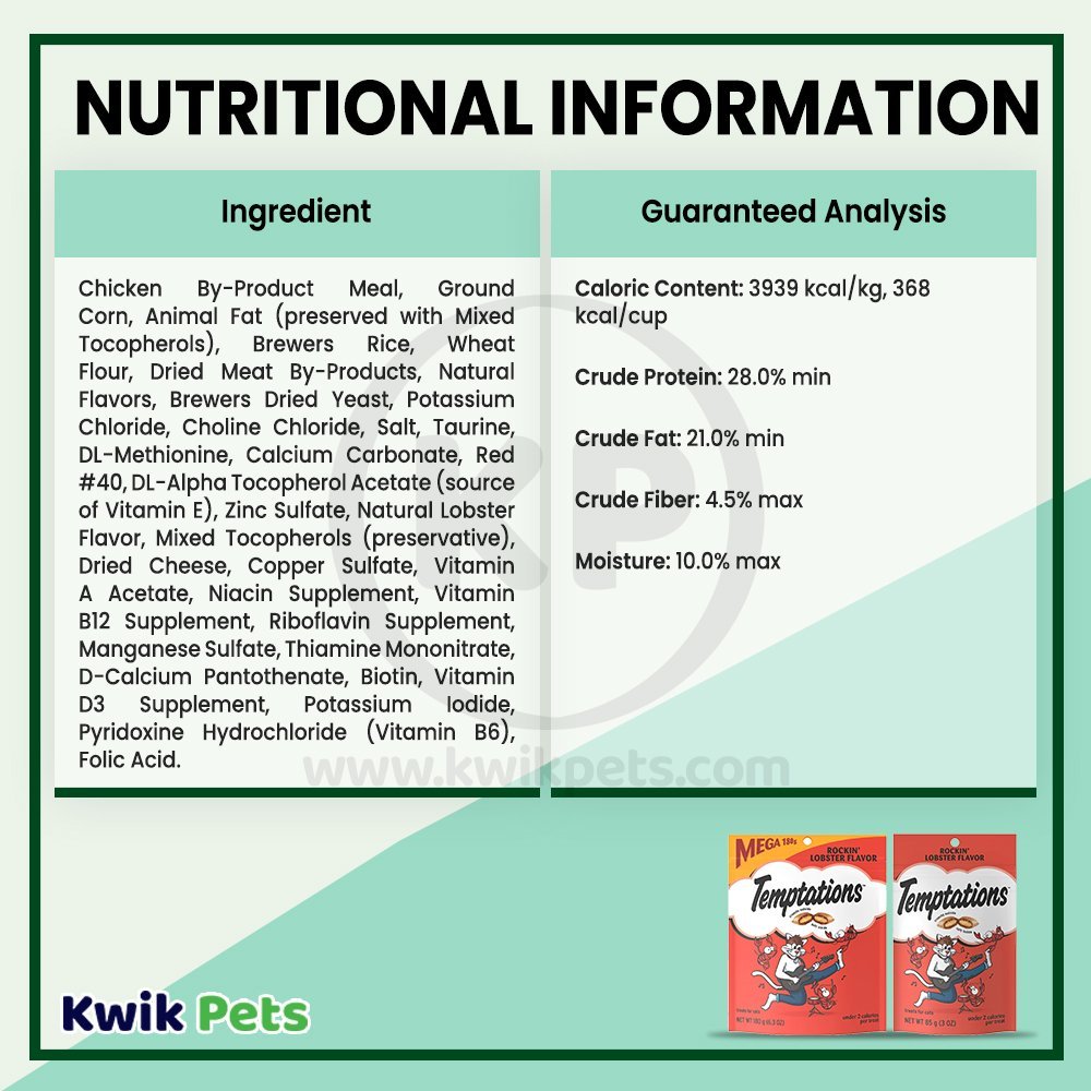 Nutritional Information - Temptations Classics Crunchy & Soft Adult Cat Treats Rockin' Lobster 3-oz