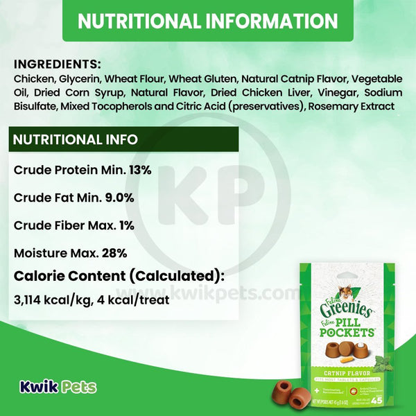 Nutritional Information - Greenies Feline Pill Pockets Cat Treats Catnip 1.6-oz 45 Count