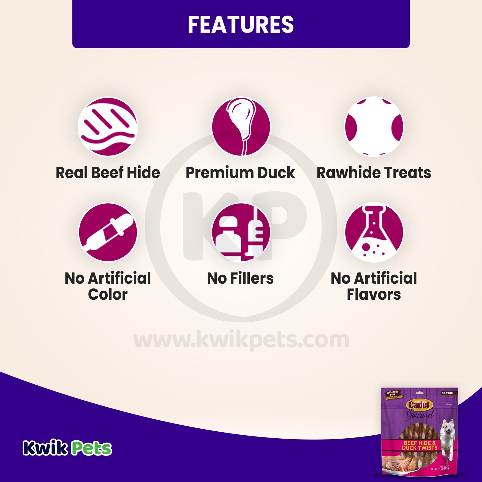 Cadet Gourmet Beef Hide & Duck Dog Twist Sticks Beef Hide & Duck, 5 In , 50ct, Cadet