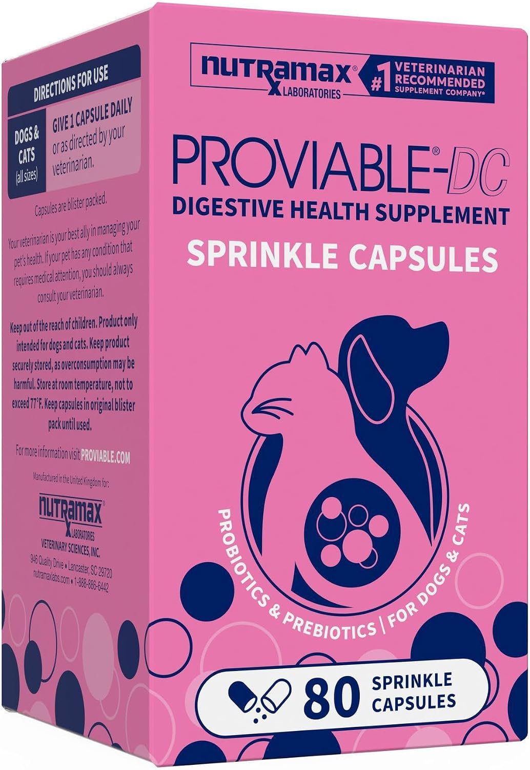 Nutramax Proviable Probiotics & Prebiotics Digestive Health Supplement for Dogs & Cats 80 Count