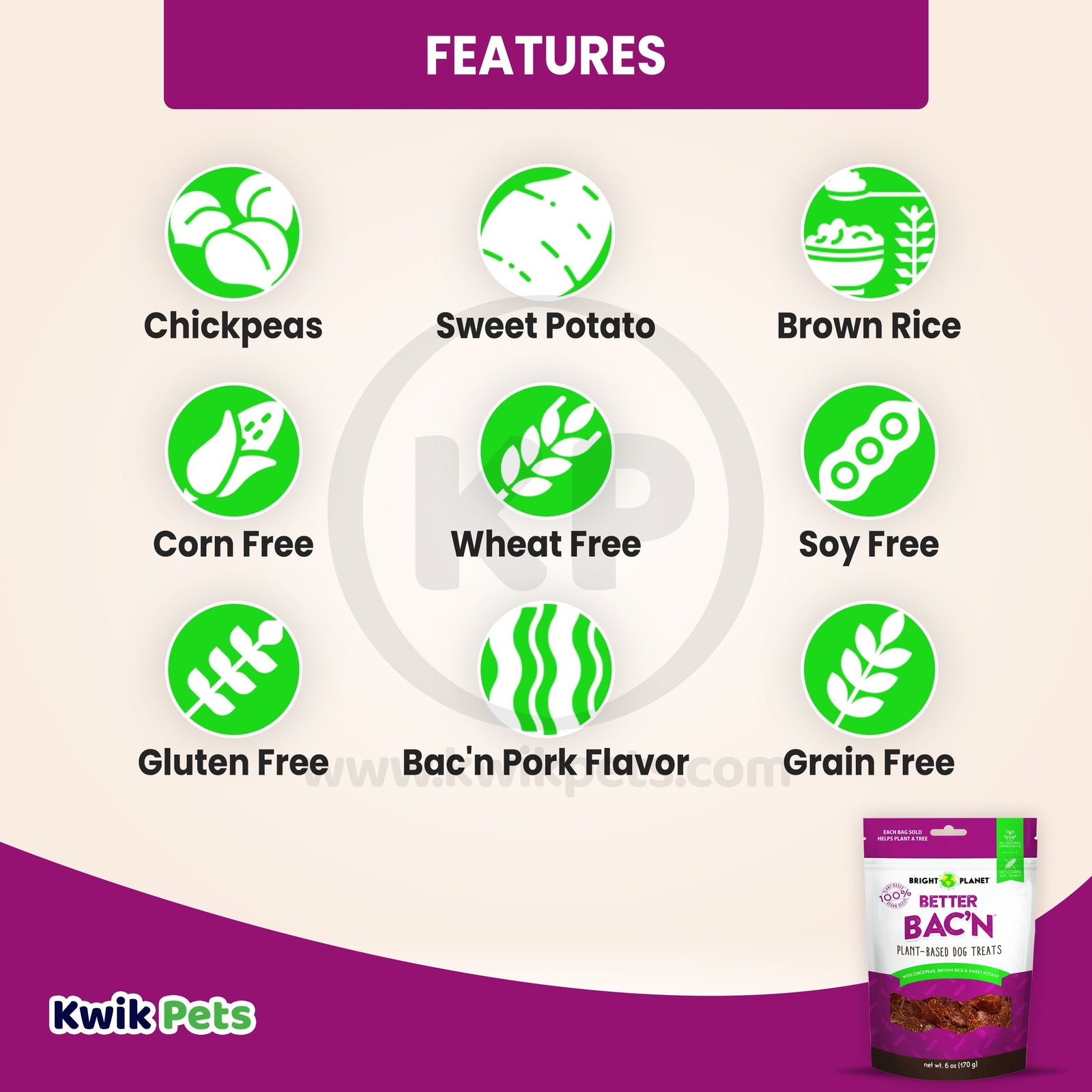 Features of Bright Planet Better Bac'n Plant-Based Dog Treats 6-oz
