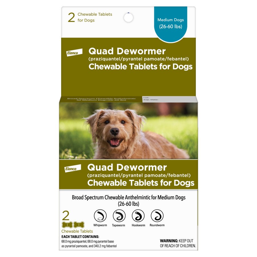 Elanco Quad Dewormer Chewable Tablets for Medium Dogs 26-60 lbs 2 Count