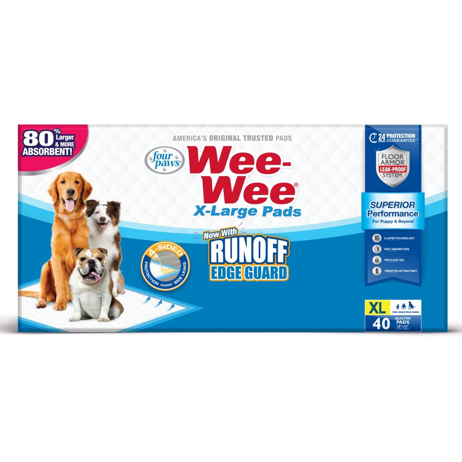 Four Paws Wee-Wee Superior Performance X-Large Dog Pee Pads with Runoff Edge Guard 40 Count 28 in X 34 in, Kwik Pets