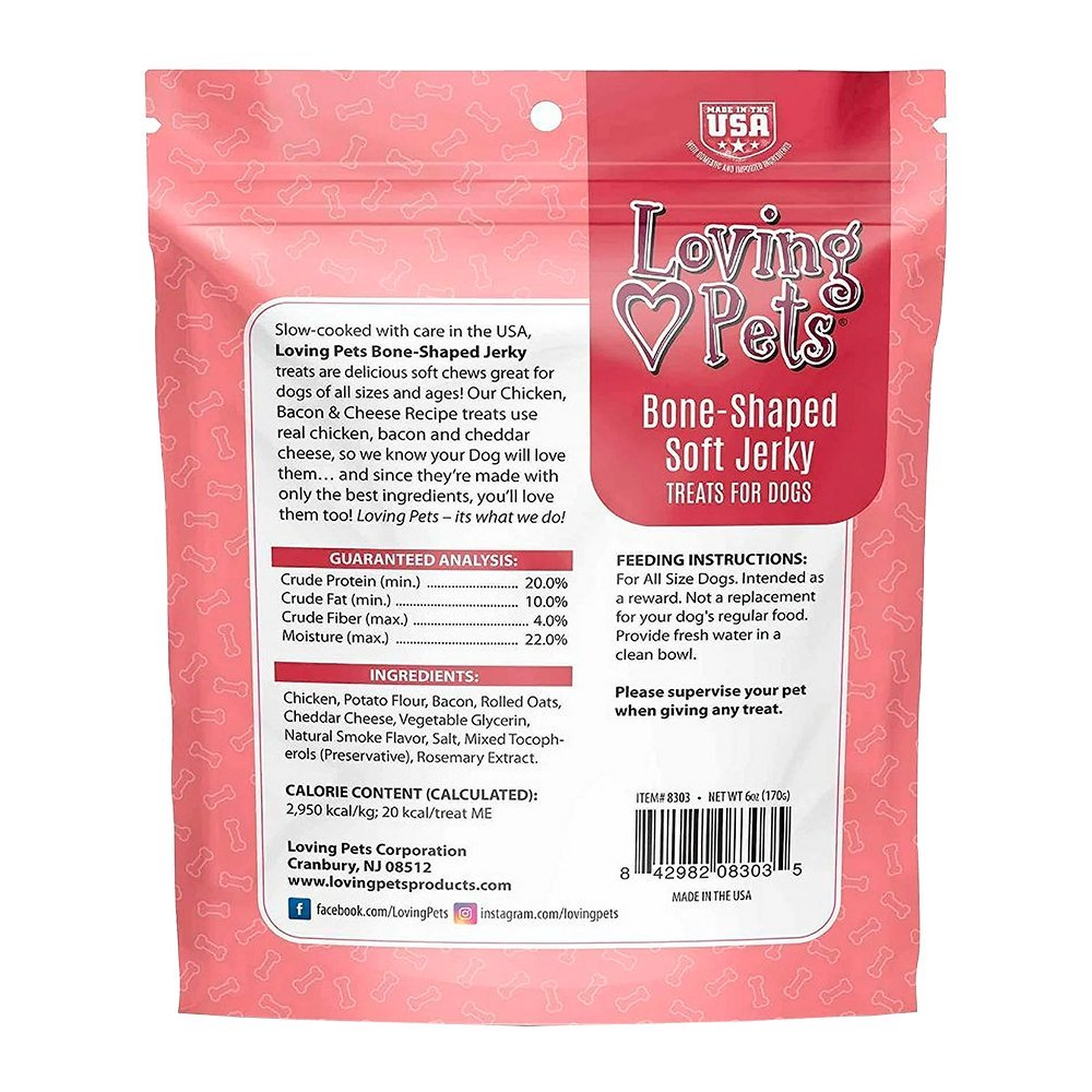 Back of Loving Pets Bone-Shaped Soft Jerky Dog Treat Chicken Bacon & Cheese 6-oz