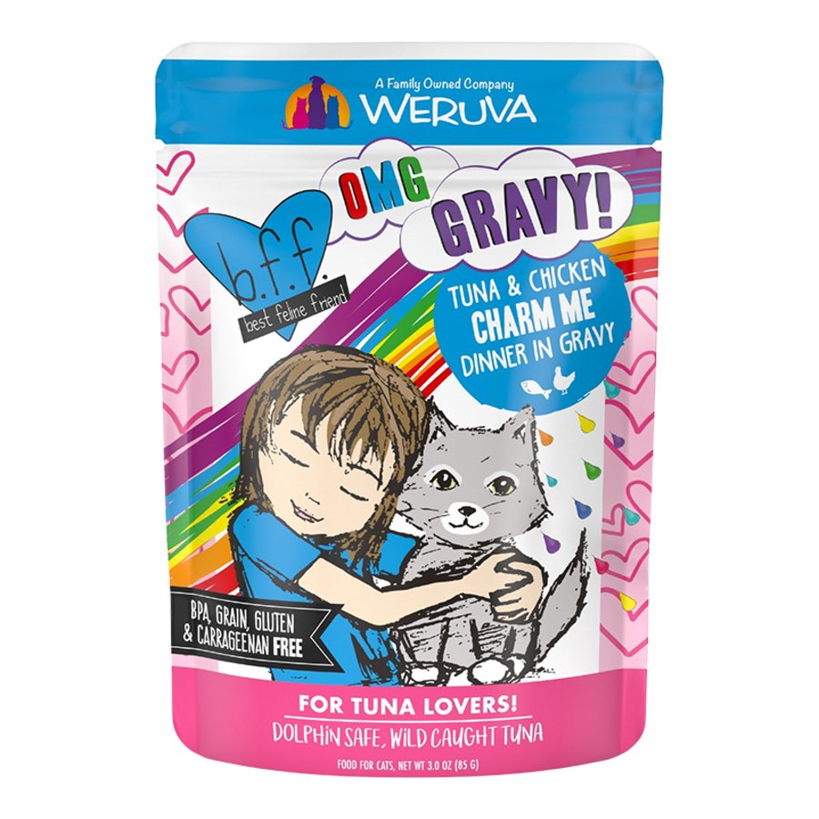 Weruva B.F.F. OMG Tuna & Chicken Charm Me Dinner in Gravy Wet Cat Food Pouches 3-oz, Kwik Pets