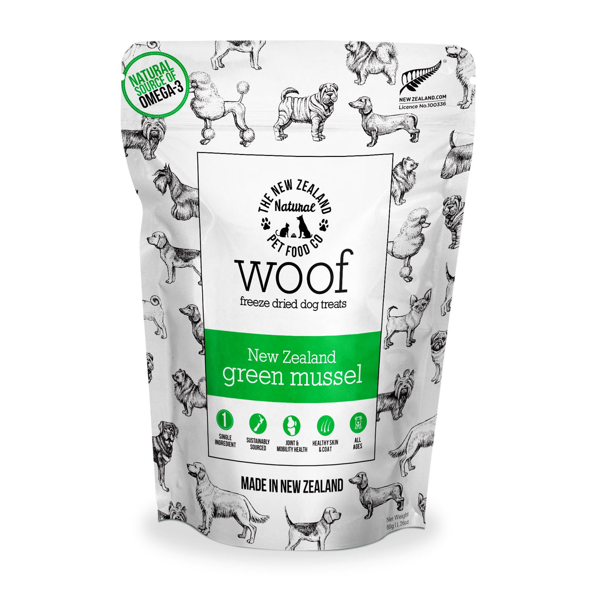 The New Zealand Natural Pet Food Co. Woof Freeze Dried Dog Treat NZ Green Mussels 1.76-oz