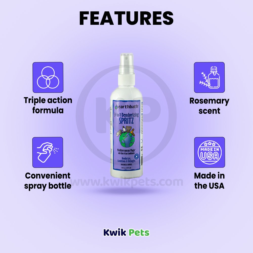 Features - Earthbath 3-in-1 Deodorizing Spritz for Dogs Mediterranean Magic 8-oz