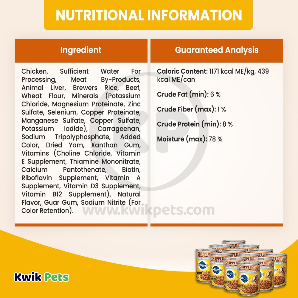 Nutritional Information of Pedigree Chopped Ground Dinner Adult Wet Dog Food Chicken Beef & Liver 13.2-oz 12 Pack