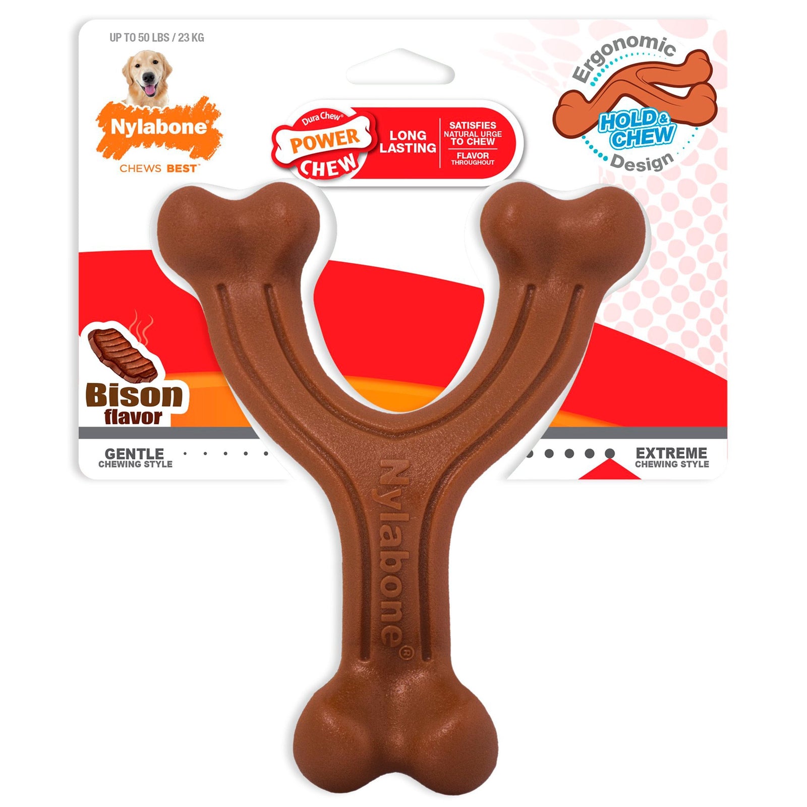 Nylabone Ergonomic Hold & Chew Wishbone Power Chew Durable Dog Toy Bacon Large/Giant - Up To 50 lbs