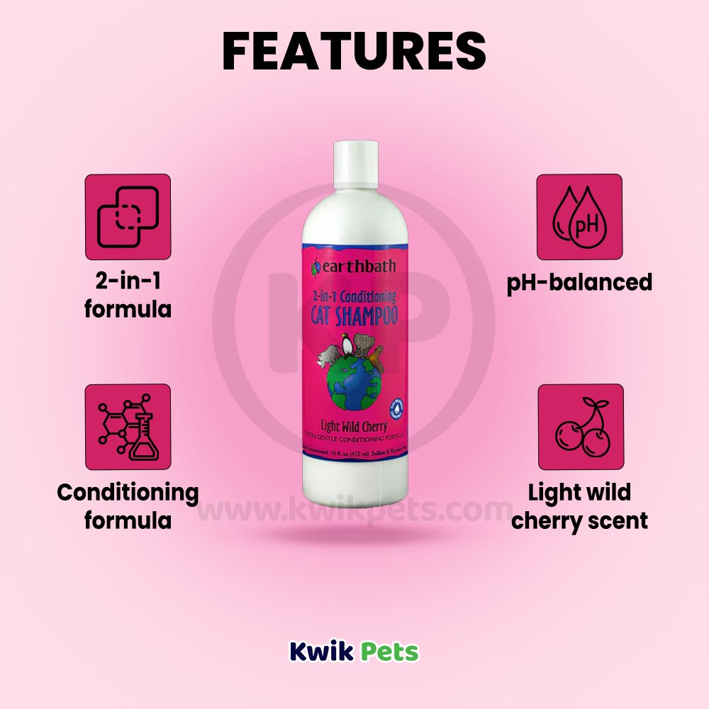 earthbath® 2-in-1 Conditioning Cat Shampoo, Light Wild Cherry, Extra Gentle Conditioning Formula, Made in USA, 16 oz, Earthbath