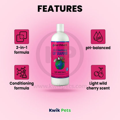 earthbath® 2-in-1 Conditioning Cat Shampoo, Light Wild Cherry, Extra Gentle Conditioning Formula, Made in USA, 16 oz, Earthbath
