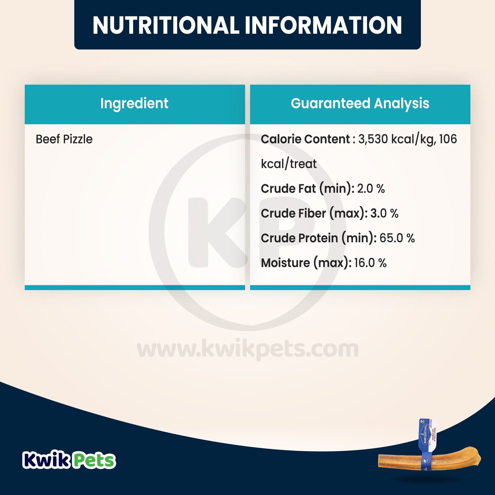 Nutritional Information of Barkworthies 6" Odor Free Double Cut Bully Stick Dog Chews