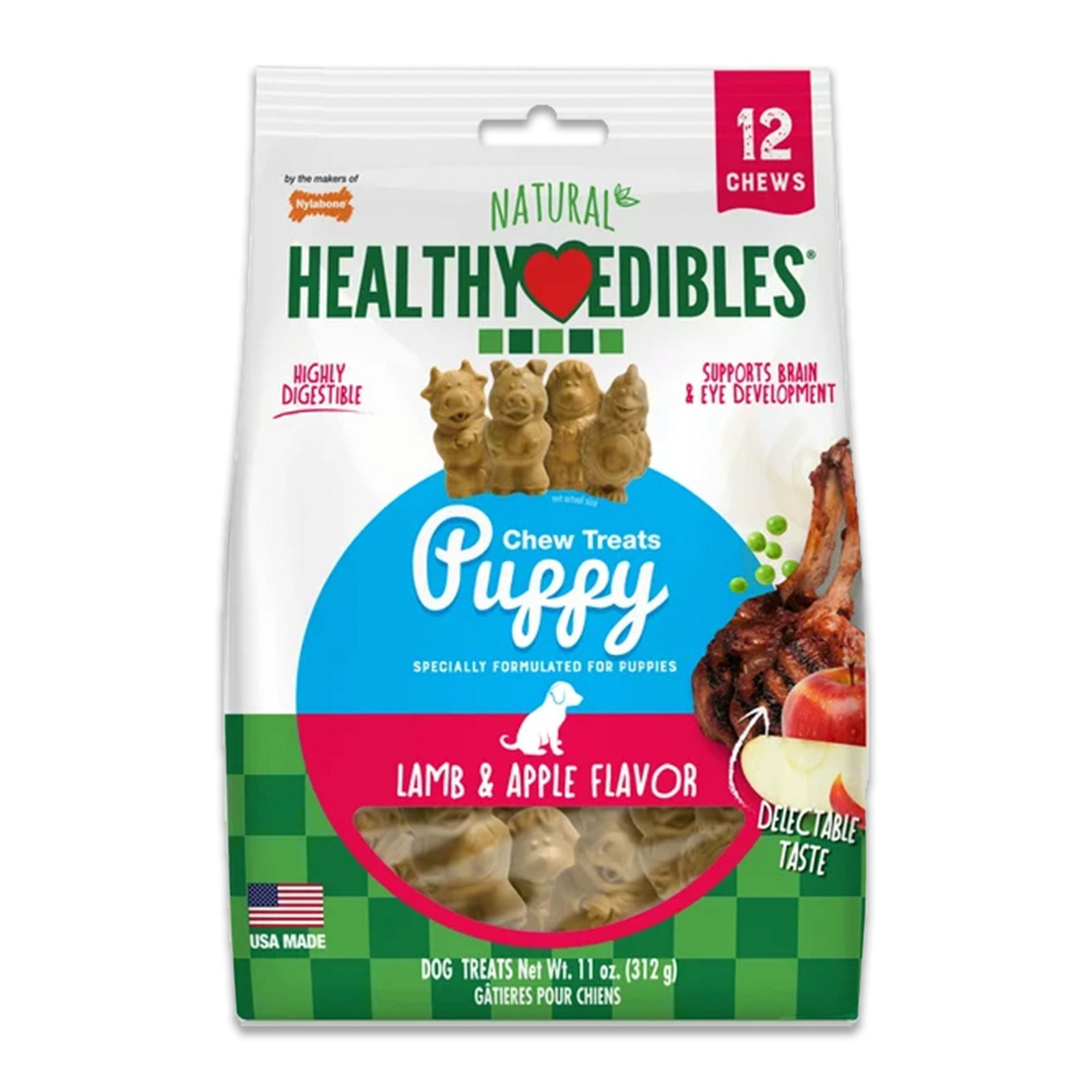 Nylabone Healthy Edibles Animal-Shaped Puppy Chew Treats Lamb & Apple Small/Regular - Up To 25 Ibs 12 Count