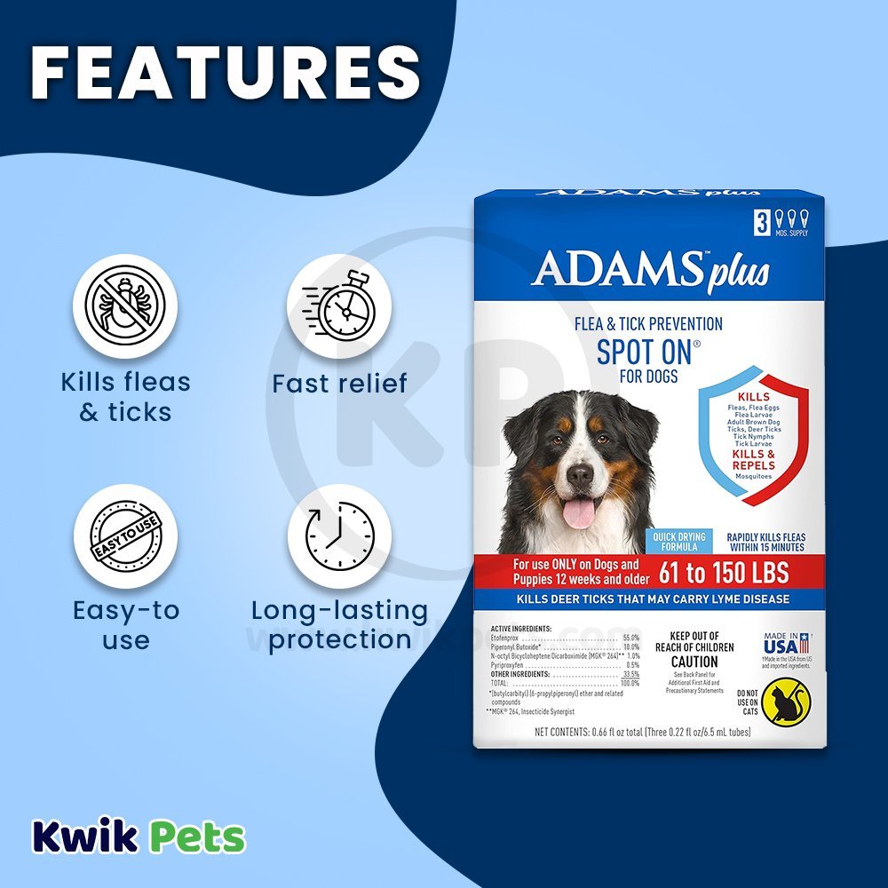 Adams Plus Flea & Tick Prevention Spot On for Dogs 3 Month Supply, Clear, XL Dogs 61 To 150 lb, Adams