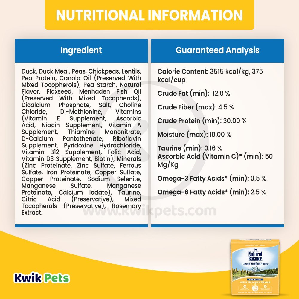 Nutritional Information - Natural Balance Limited Ingredient Grain Free Dry Cat Food Green Pea & Duck 10-lb