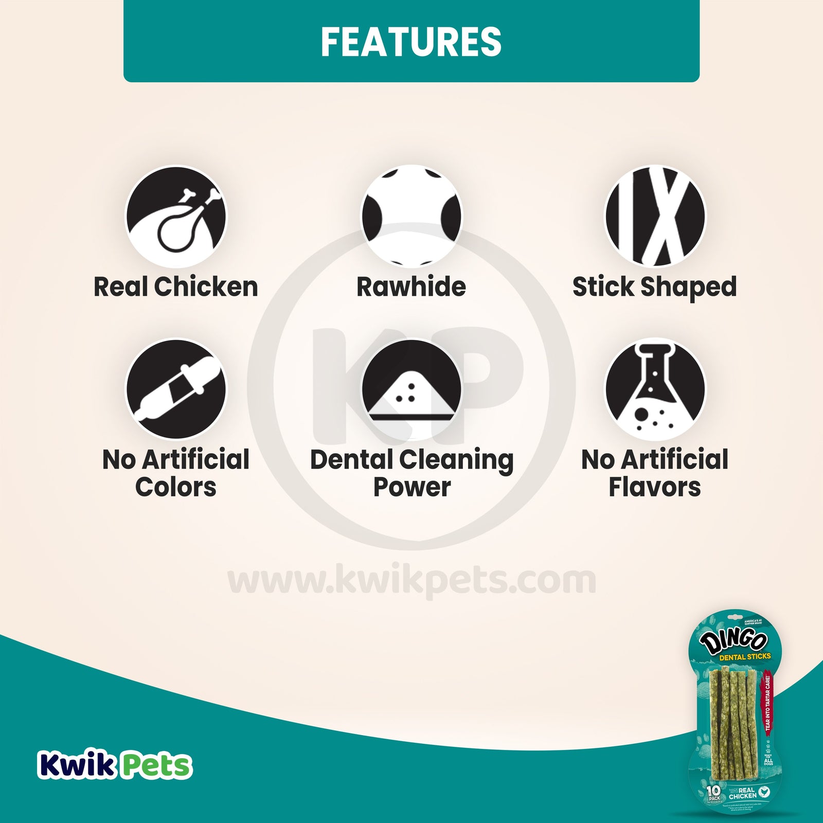 Features of Dingo Dental Sticks Dog Treats Chicken 10 Count 3.1-oz
