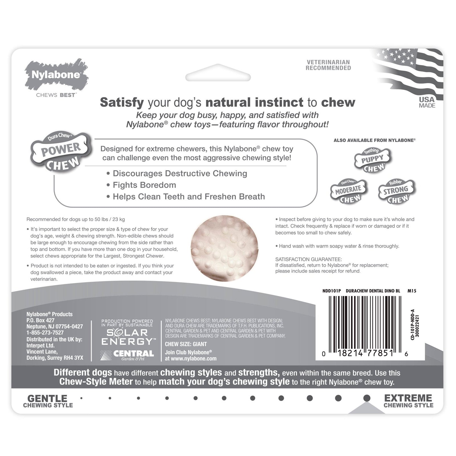 Back of Nylabone Power Chew Dental Dinosaur Dog Toy Chicken White Large/Giant - Up To 50 lbs