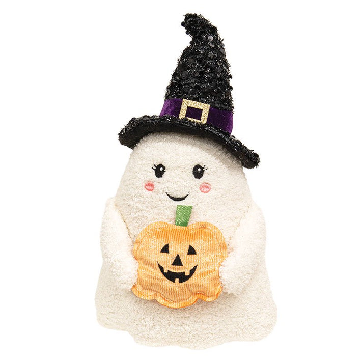 Bright Ideas Plush Witch Hat Sitting Ghost with Pumpkin Halloween Decor