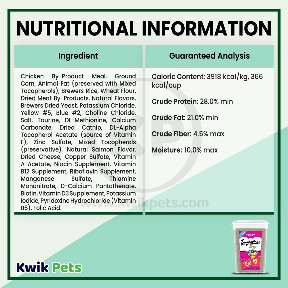 Nutritional Information - Temptations Classics Crunchy & Soft Adult Cat Treats Blissful Catnip 16-oz