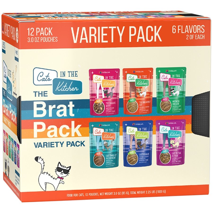 Weruva Cats in the Kitchen Slide N' Serve The Brat Variety Pack Wet Cat Food Pouches 3-oz 12 Count, Kwik Pets